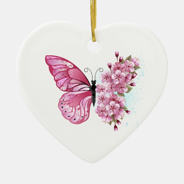 Ornamento De Cerâmica Borboleta Flor com Sakura Rosa (Frente)