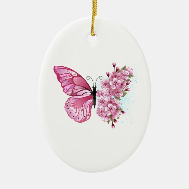 Ornamento De Cerâmica Borboleta Flor com Sakura Rosa (Frente)