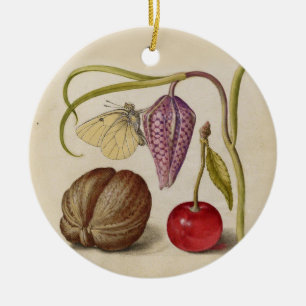 Ornamento De Cerâmica Borboleta Flor e cereja Aquarela