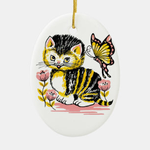 Ornamento De Cerâmica Borboleta & Gatinho