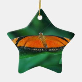 Ornamento De Cerâmica Borboleta laranja brilhante e preta na folha