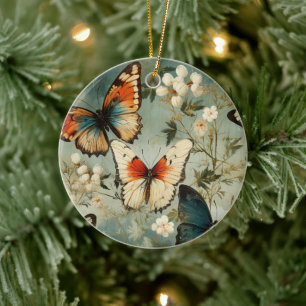 Ornamento De Cerâmica Borboleta Laranja Teal Antiga Flor Branca
