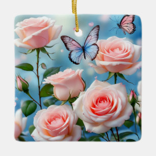 Ornamento De Cerâmica Borboleta Na Flor Rosa