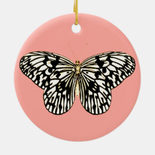 Ornamento De Cerâmica Borboleta preto e branco, fundo cor-de-rosa coral