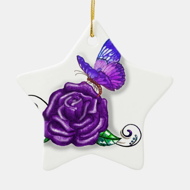 Ornamento De Cerâmica Borboleta Violeta e design de Rosa (Frente)