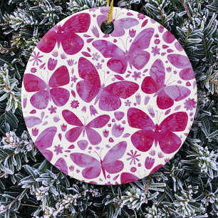 Ornamento De Cerâmica Borboletas Aquarela Magenta Rosa