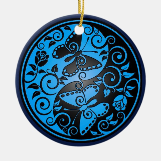 Ornamento De Cerâmica Borboletas, azul & preto de Yin Yang (Frente)