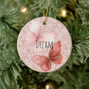 Ornamento De Cerâmica Borboletas de Natal com Brilho Rosa Vermelho