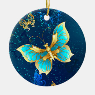 Ornamento De Cerâmica Borboletas Douradas em um Fundo Azul