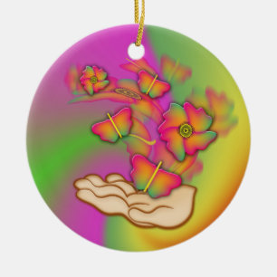 Ornamento De Cerâmica Borboletas e flores