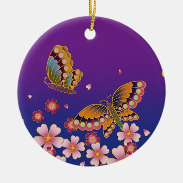 Ornamento De Cerâmica Borboletas Japonesas Azul e Roxo Personalizadas (Frente)