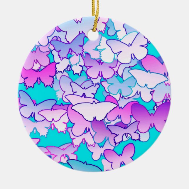 Ornamento De Cerâmica Borboletas, violetas e turquesas (Frente)