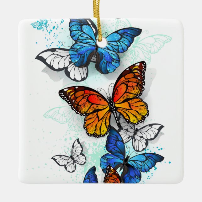 Ornamento De Cerâmica Borboletas voadoras Morpho e Monarca (Frente)