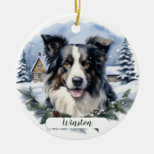 Ornamento De Cerâmica Borda Collie Christmas Snow Evergreen Dog Name