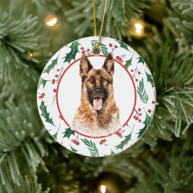Ornamento De Cerâmica Borda de Holly de Berry Vermelho german shepherd (Árvore)