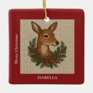 Ornamento De Cerâmica Bordado russo Deer & Holiday Greens Natal