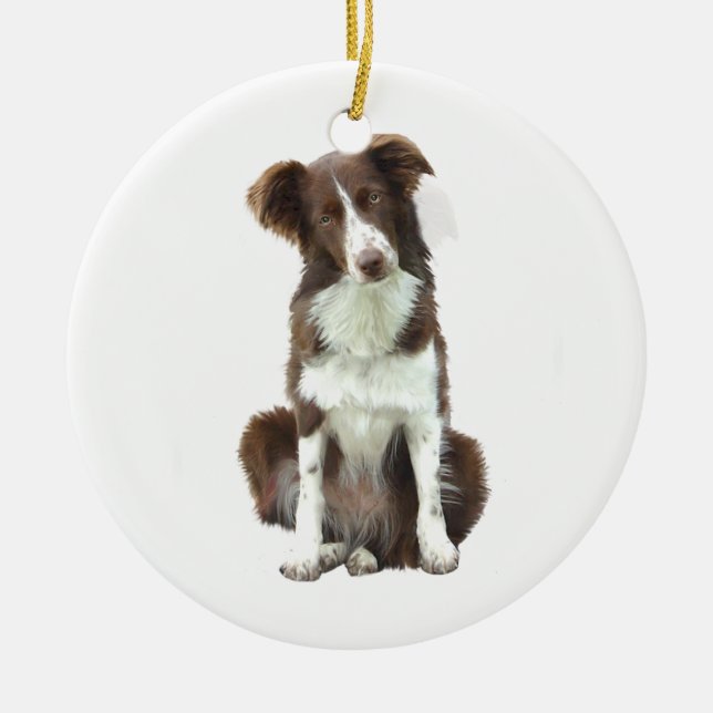 Ornamento De Cerâmica Border Collie (B) - marrom e branco (Frente)