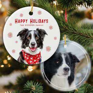 Ornamento De Cerâmica Border Collie Bandana Vermelha de Coração Natal Fo