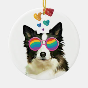 Ornamento De Cerâmica Border Collie Cachorro com Corações Dia dos Namor