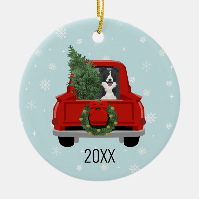 Ornamento De Cerâmica Border Collie Christmas Red Truck (Frente)