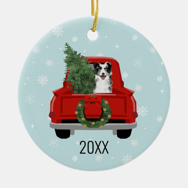 Ornamento De Cerâmica Border Collie Christmas Red Truck (Frente)