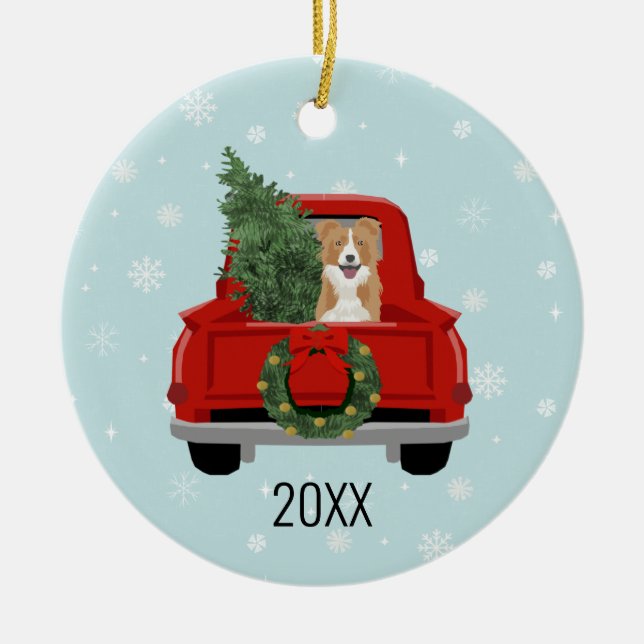 Ornamento De Cerâmica Border Collie Christmas Red Truck (Frente)