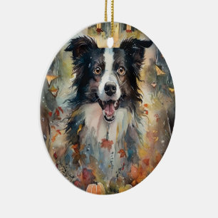 Ornamento De Cerâmica Border Collie de Halloween com Abóboras Assustador