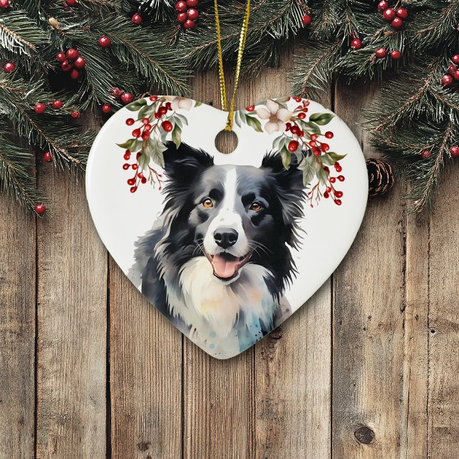 Ornamento De Cerâmica Border Collie Dog Holly Berry Natal (Criador carregado)