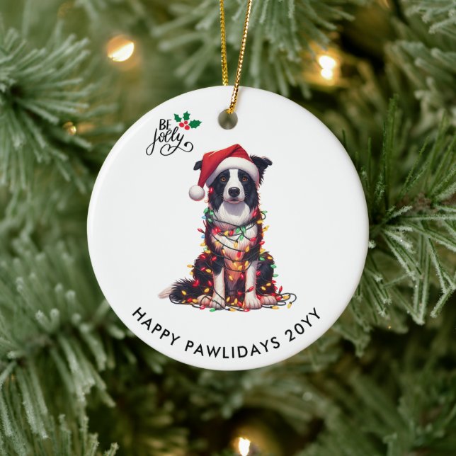 Ornamento De Cerâmica Border Collie Dog Wrapped In Christmas Light  (Árvore)