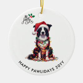Ornamento De Cerâmica Border Collie Dog Wrapped In Christmas Light 