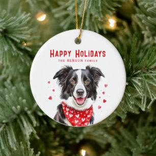 Ornamento De Cerâmica Border Collie Lenço Vermelho com Coração Natal