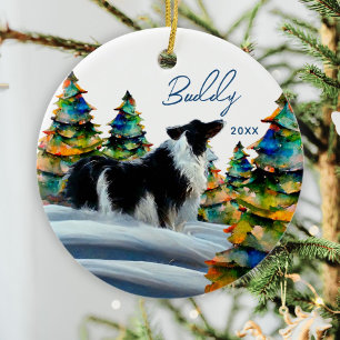 Ornamento De Cerâmica Border Collie na Floresta de Neve de Inverno Árvor