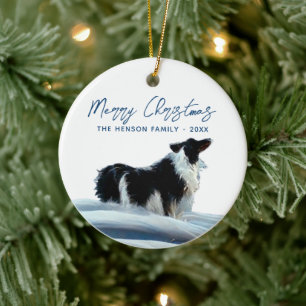 Ornamento De Cerâmica Border Collie na Neve de Inverno Natal Férias