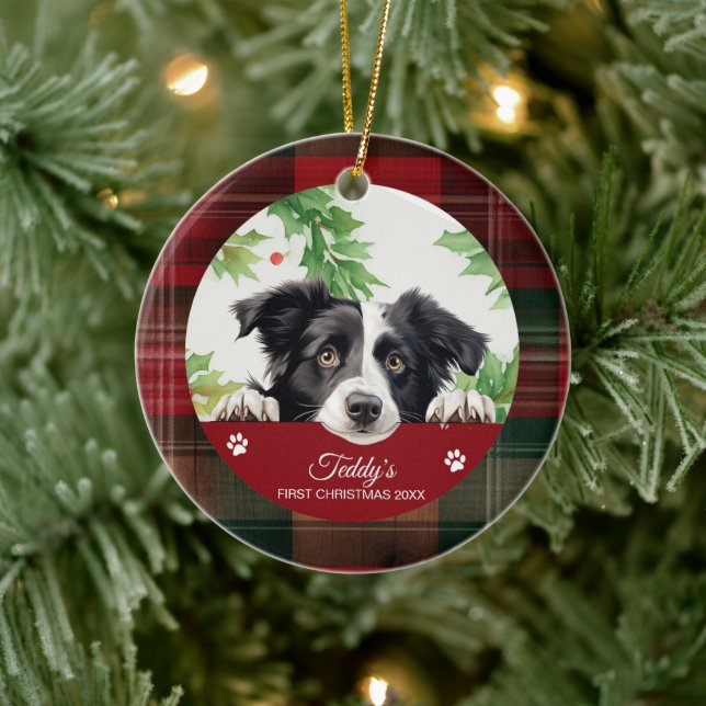 Ornamento De Cerâmica Border Collie Personalizado Primeiro Natal (Árvore)