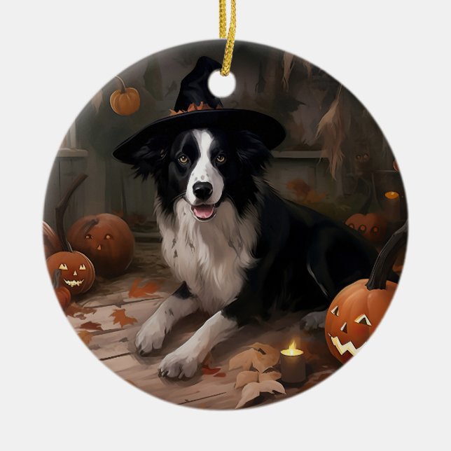 Ornamento De Cerâmica Border Collie Pumpkins Halloween Assustado (Frente)