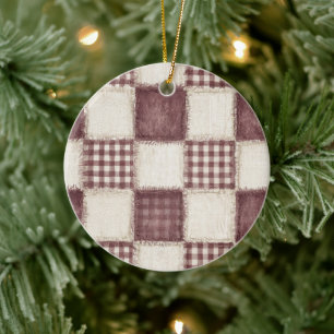 Ornamento De Cerâmica Bordô Creme Xadrez Listras Flores Natal