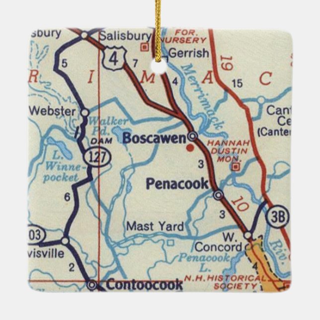 Ornamento De Cerâmica Boscawen NH Vintage Map (Verso)