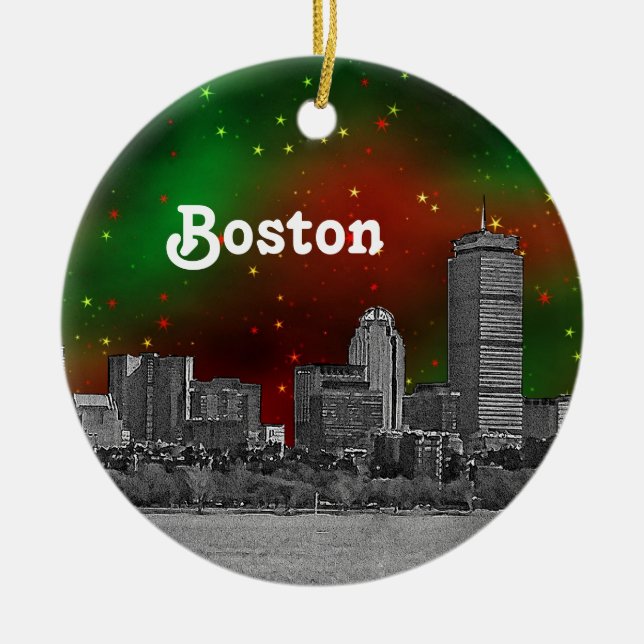 Ornamento De Cerâmica Boston Skyline Echou Green Red Starry Sky Xmas (Frente)