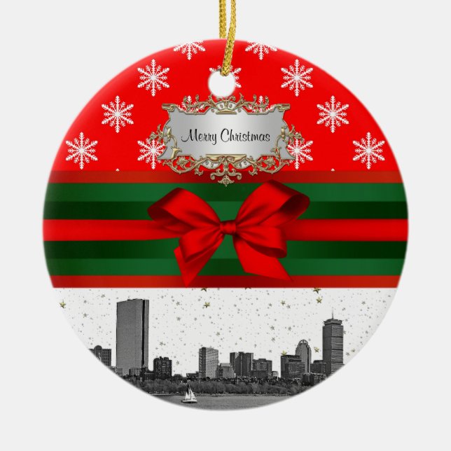 Ornamento De Cerâmica Boston Skyline Red Snowflake Christmas (Frente)