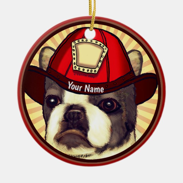 Ornamento De Cerâmica Boston Terrier Bombeiro  (Frente)