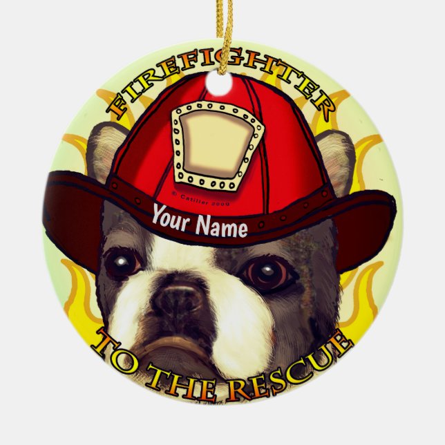 Ornamento De Cerâmica Boston Terrier Bombeiro (Frente)