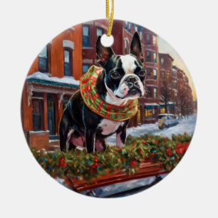 Ornamento De Cerâmica Boston Terrier Christmas Fesason