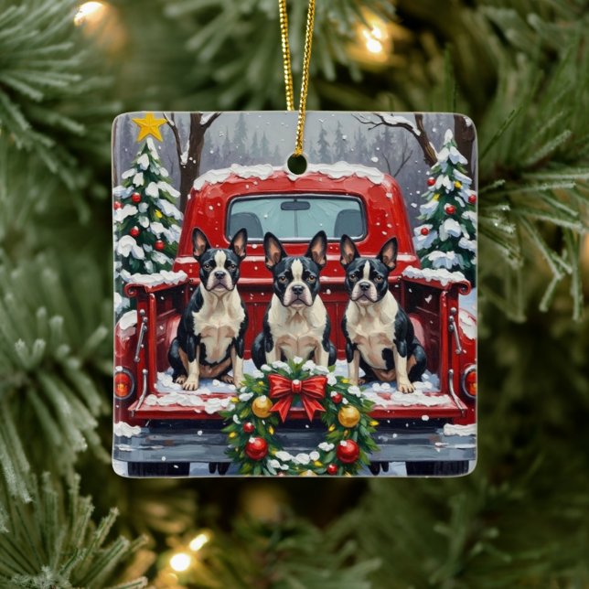 Ornamento De Cerâmica Boston Terrier Christmas Red Truck Holiday (Árvore)