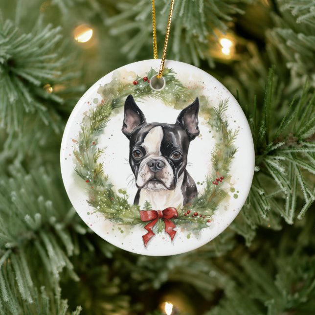 Ornamento De Cerâmica Boston Terrier Christmas Wreath Festivo Pup (Árvore)