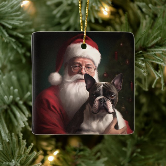 Ornamento De Cerâmica Boston Terrier com Papai Noel Natal Festivo (Árvore)