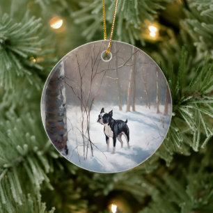 Ornamento De Cerâmica Boston Terrier Deixe Nevar Natal