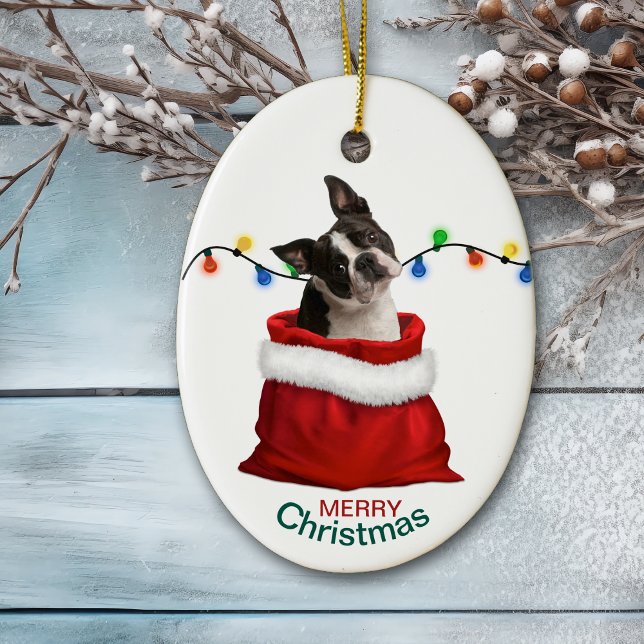 Ornamento De Cerâmica Boston Terrier Dog em Holiday Gift Bag (Criador carregado)