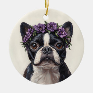 Ornamento De Cerâmica Boston Terrier em uma Coroa de Flor Roxa