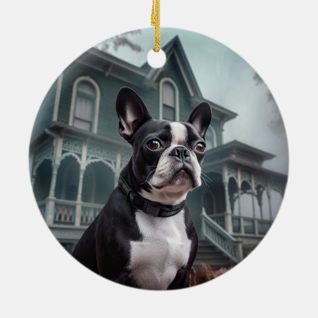 Ornamento De Cerâmica Boston Terrier Halloween Scary (Traseira)