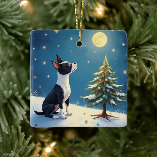 Ornamento De Cerâmica Boston Terrier Midnight Star-Gazing Christmas (Árvore)